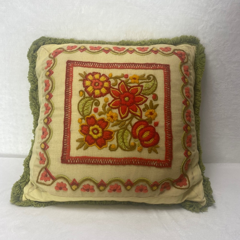 Vintage Embroidered Needlepoint Floral Pillow Square Boho Shabby‎ Chic